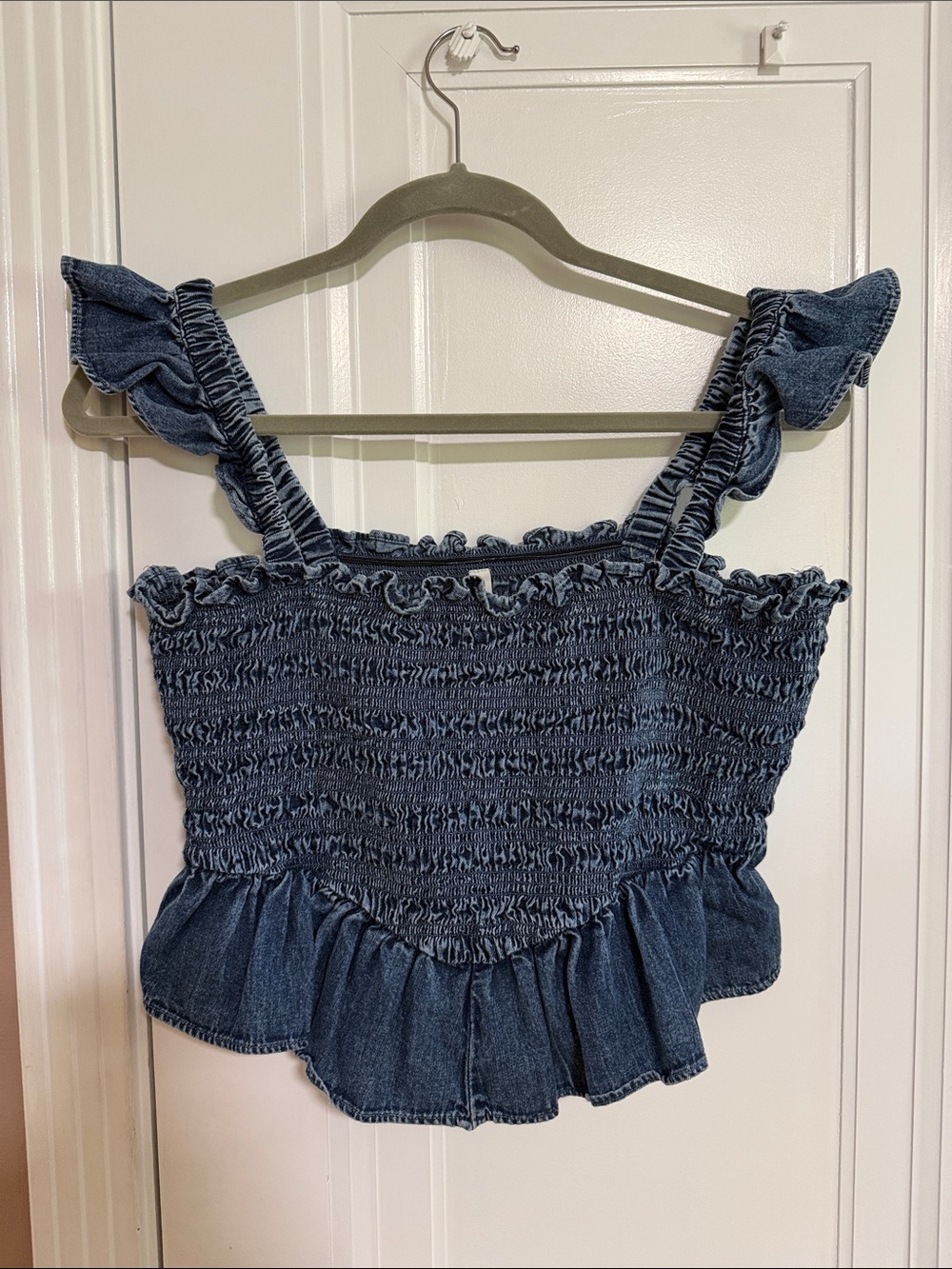 American Eagle Outfitters Denim Smocked Ruffle Crop Top - Blue